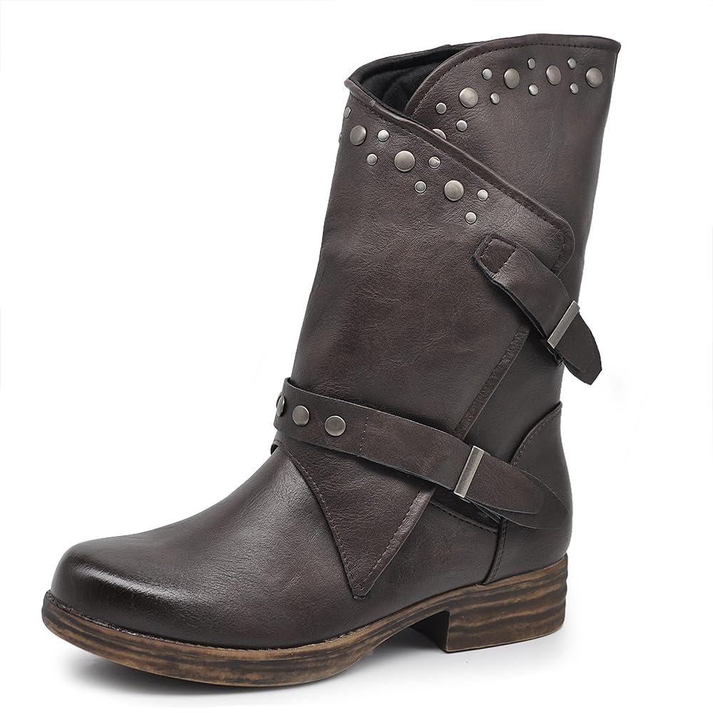 IF Fashion Scarpe Da Donna Stivali Stivaletti Biker Fibbie Anfibi Al Polpaccio Largo Con Borchie 647-2