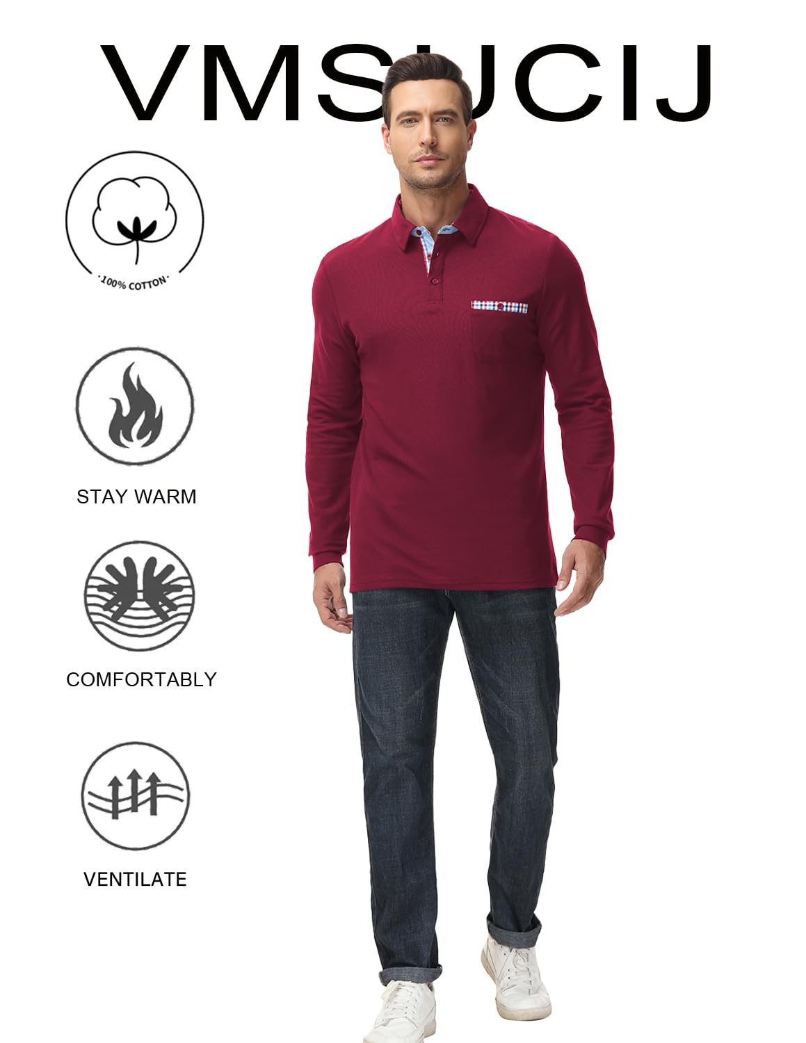 VMSUCIJ Polo Uomo Manica Lunga Cotone con Colletto Bottoni Sportive Base Polo Golf