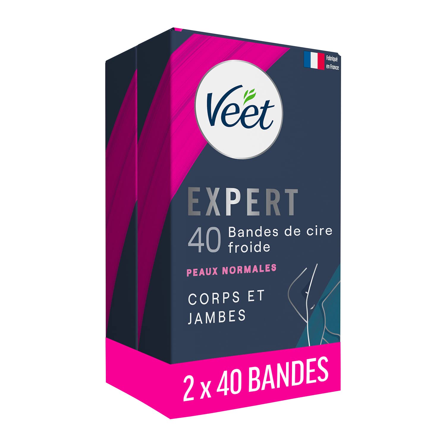 Veet EXPERT - Lot de 80 Bandes de Cire Froide Corps & Jambes - Peaux Normales - Finition Parfaite - Epilation Longue Durée - Lot de 2x40 bandes