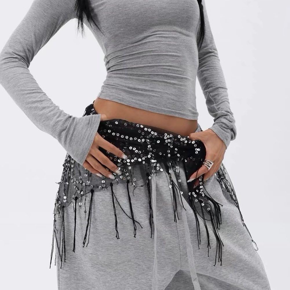 Falda con Lentejuelas, Pañuelo De Cadera, Borlas, Cinturón Brillante con Flecos, Falda Envolvente para Mujer, Espectáculo De Festival, Rave, Fiesta, Baile Callejero.