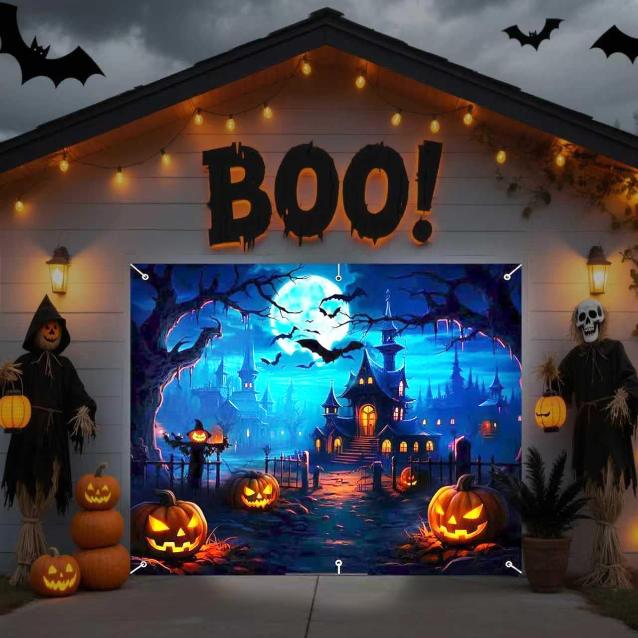 Halloween Garage Door Banner Pumpkin Hanging Backdrop Horror Moon Night Door Cover Halloween Wall Decorations Scary Cemetery Photo Background for Outdoor Holiday, 7 x 8 Ft (Blue) 7*8Ft