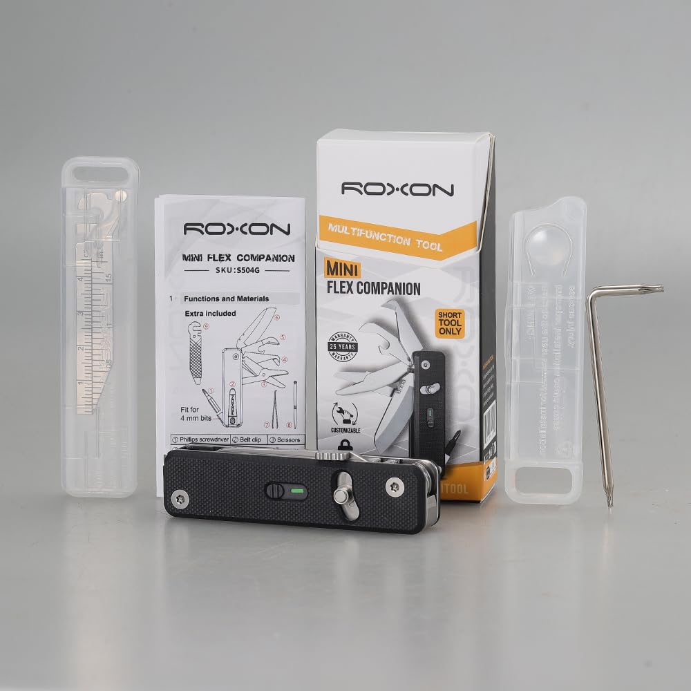 ROXON Navaja de bolsillo multiherramienta EDC S504G Mini Flex Companion | 7 en 1 con mango G10, hoja corta de pata de oveja, tijeras, abrebotellas y abrelatas, punta de 4 mm, etc.