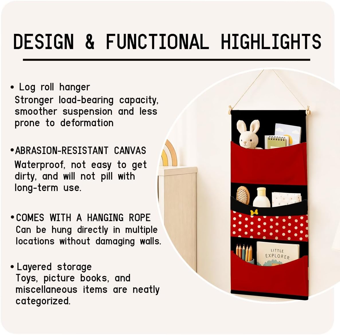 3-Pocket Hanging Wall Organizer, Useful Red Polka Dot Wall Pocket Storage