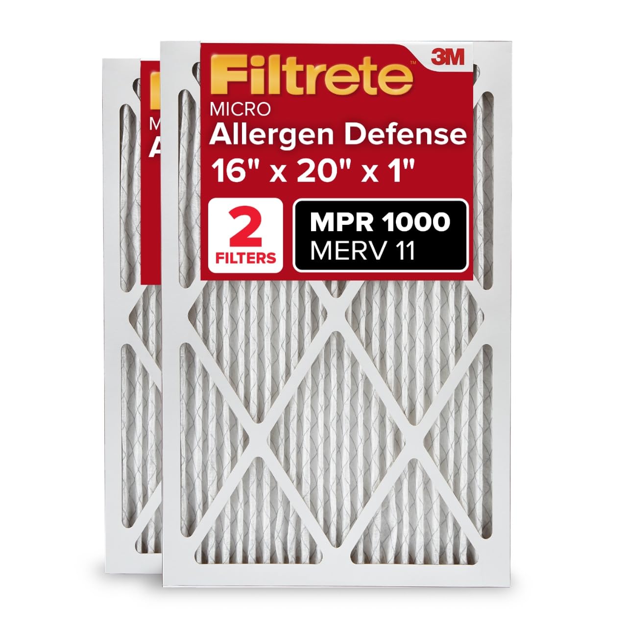 Filtrete 16x20x1 AC Furnace Air Filter, MERV 11, MPR 1000, Micro Allergen Defense, 3-Month Pleated 1-Inch Electrostatic Air Cleaning Filter, 2 Pack (Actual Size 15.719 x 19.719 x 0.84 in)