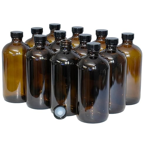 16 onzas (paquete de 12) Boston Round. Botella color ámbar con tapa negra con cono de polietileno (28/400)