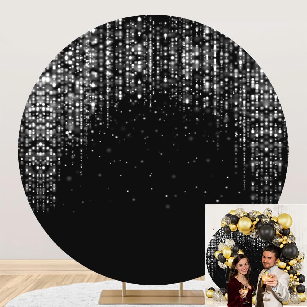 OERJU Black and Silver Round Backdrop Cover Silver Glitter Bokeh Circle Photography Background Birthday Wedding Baby Shower Party Decoration Circle