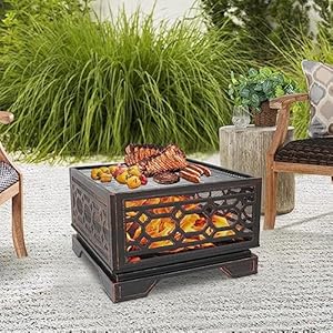 Hykolity 26 inch outdoor fire pit square extra deep wood burning firepits large bonfire with cooking grate poker for outside patio backyard  urban country home decor