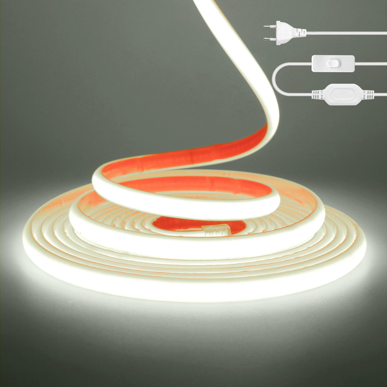 220V Tira LED neón COB de silicona con encendido/apagado [50M,Blanco 6000-6500K],flexible e impermeable IP65,288 LEDs/m Tira LED FCOB recortable CRI85+,iluminación para hogar/tienda