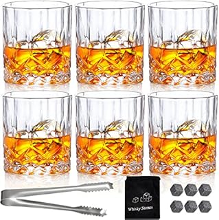 Whiskey Glasses Set of 6 Vintage Whisky Tumblers 300ml Crystal Glass Cups Drinking Glasses Lead Free Scotch Bourbon Brandy Rum Cocktail Drinkware Glassware Barware Home Bar Party Gift