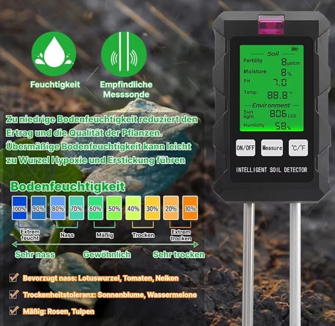 rotobest Boden feuchtigkeitsmesser Original 6-in-1 Bodenmessgerät – Digitaler pH Bodentester für Feuchtigkeit, Temperatur, Licht und Fruchtbarkeit
