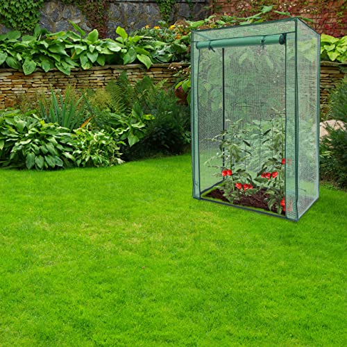 Relaxdays Gewächshaus für Tomaten 150 x 100 x 50 cm HxBxT, Schrägdach Foliengewächshaus mit PE Gitterfolie, grün – Bild 3