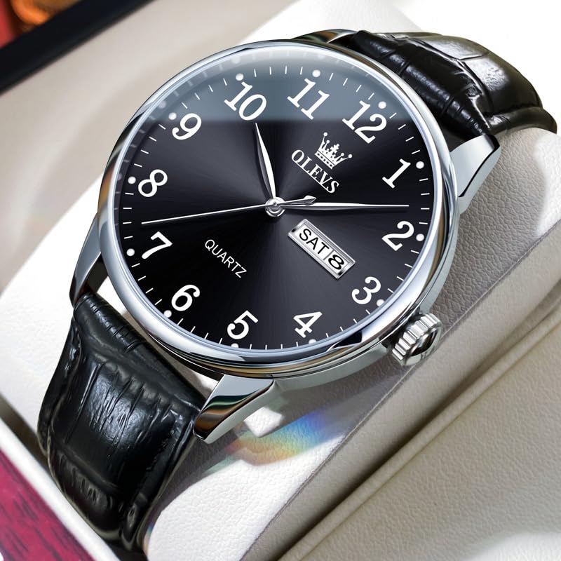 Image of OLEVS Men Watches Dress Waterproof Leather Band Classic Large Face Luxury Watches for Men Casual Fashioned Nice Analog Watch Men Day Date Easy Reader Quartz Original Business Adjustable Watches Men