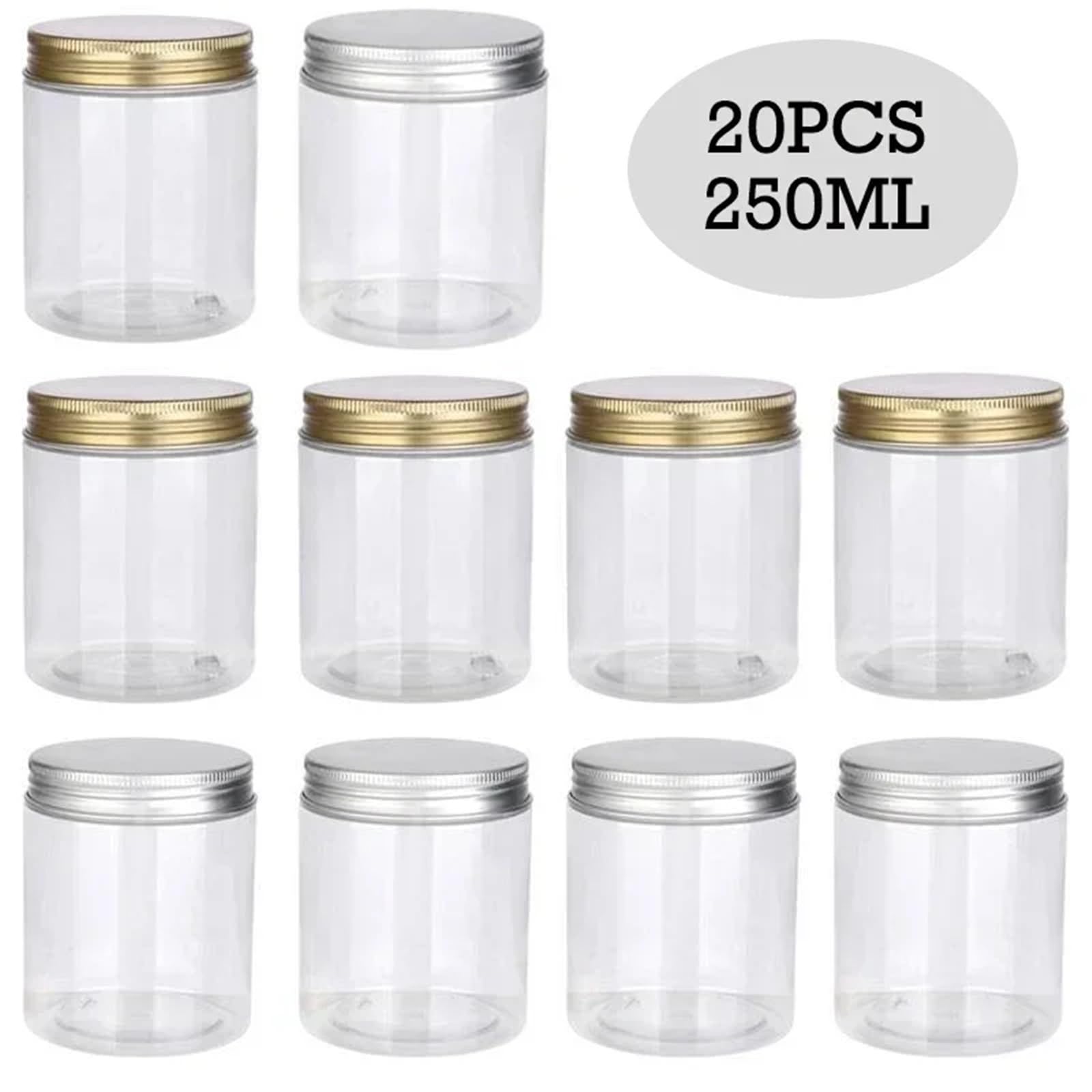 Botes Mermelada 20 tarros de plástico PET transparentes 250 ml con tapas aluminio doradas o plateadas for cosméticos, cremas faciales, alimentos, suministros for el hogar(Silver-lid)