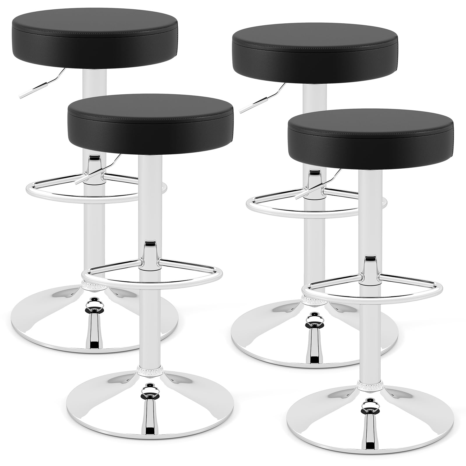 Giantex Bar Stools Set of 4, Adjustable Height PU Leather Bar Chair with Swivel Padded Seat, Footrest & Anti-Slip Base, Modern Backless Barstools for