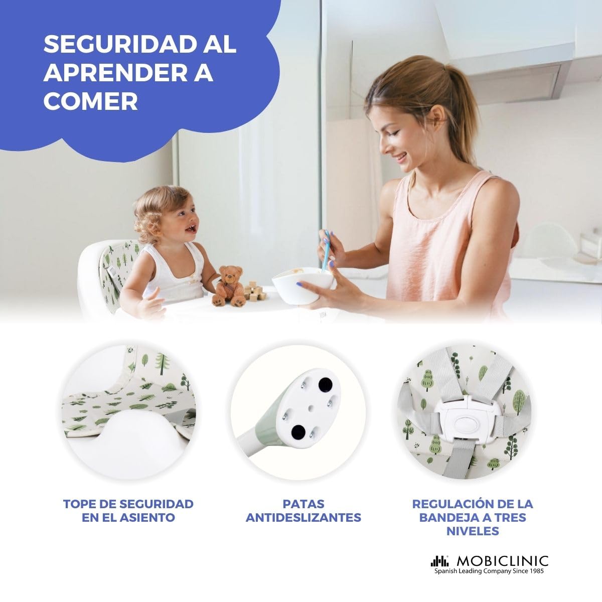 Mobiclinic® kids, Trona evolutiva, 2 en 1, Altura ajustable, Doble bandeja, 6 meses - años, Forest, Arnés de seguridad 5 puntos, Ruedas extraíbles, Hasta 35 kg, Cesta almacenamiento, 360º