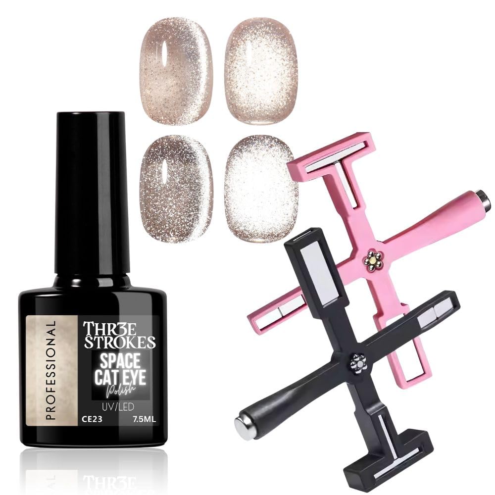 THR3E STROKES 9D Cat Eye Gel Nail Polish 7.5ML – Glitter Magnetic Gel with 3D Shimmering Effect – 5 in 1 Magnet Set – UV/LED Soak Off Gel for Nail Art & DIY Manicure at Home (CE23+5IN1MAGN)