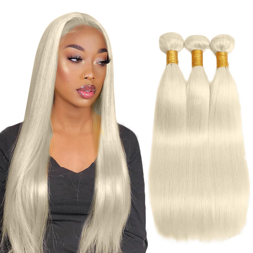 Hxxcoup #88 Platinum Blonde Color Straight Human Hair Bundles Unprocessed Pre Plucked Virgin Human Hair Extensions For Woman 3 Bundles Total 300g 14 16 18 Inch