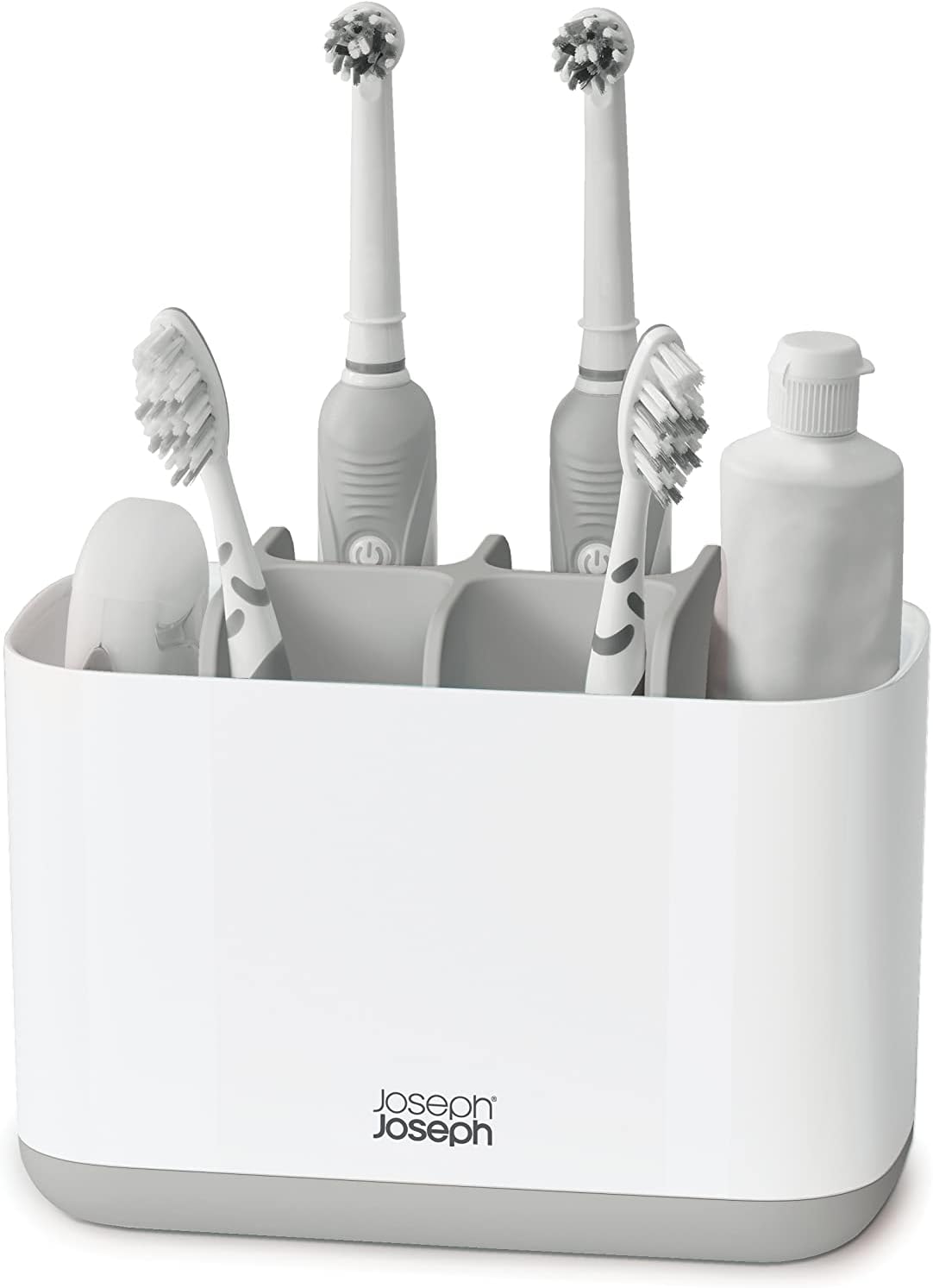 Joseph Joseph Easy-Store - Toothbrush and Toothpaste Holder Caddy, Bathroom Storage Countertop Organizer, Large, Grey/White