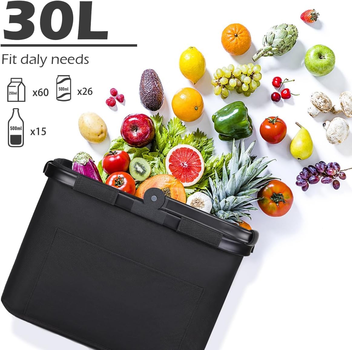 Cesta de la compra de 30 L, 2 unidades, plegable, con asa de aluminio, plegable, para trabajo/viaje/compras