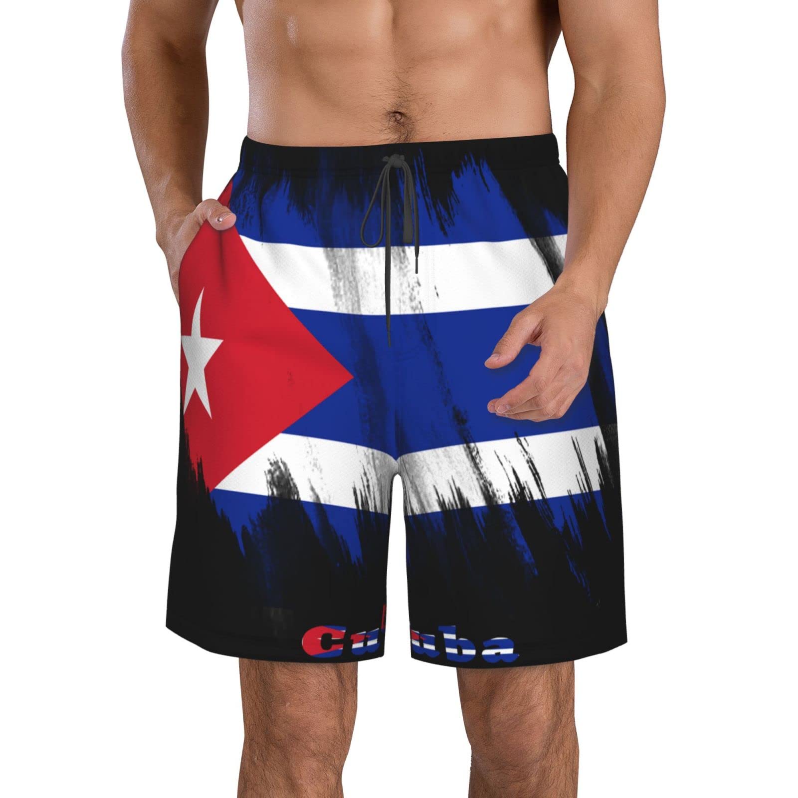 Cuba Flag Cuban Men's Beach Shorts Quick Dry Drawstring Running Athletic Shorts Comfortable Loose Gym Shorts Swimsuit Pants with Pockets for Summer Medium White