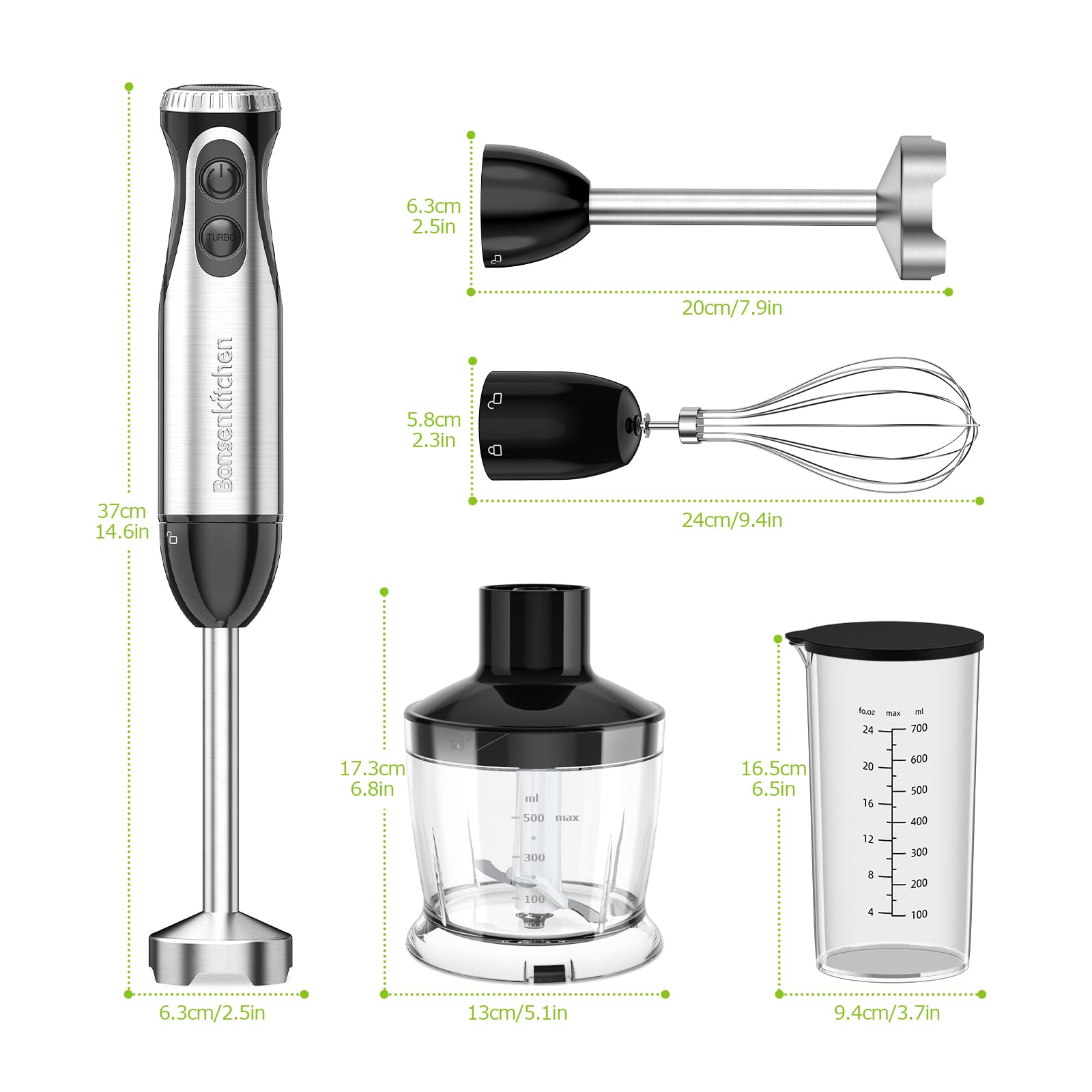 Bonsenkitchen Mixeur Plongeant, 4-en-1 Mixeur Plongeur Multifonction 1000W, 20 Vitesse Réglable, avec Fouet, Hachoir de 500ml et Verre Doseur 700 ml, Robot de Cuisine (HB3203)