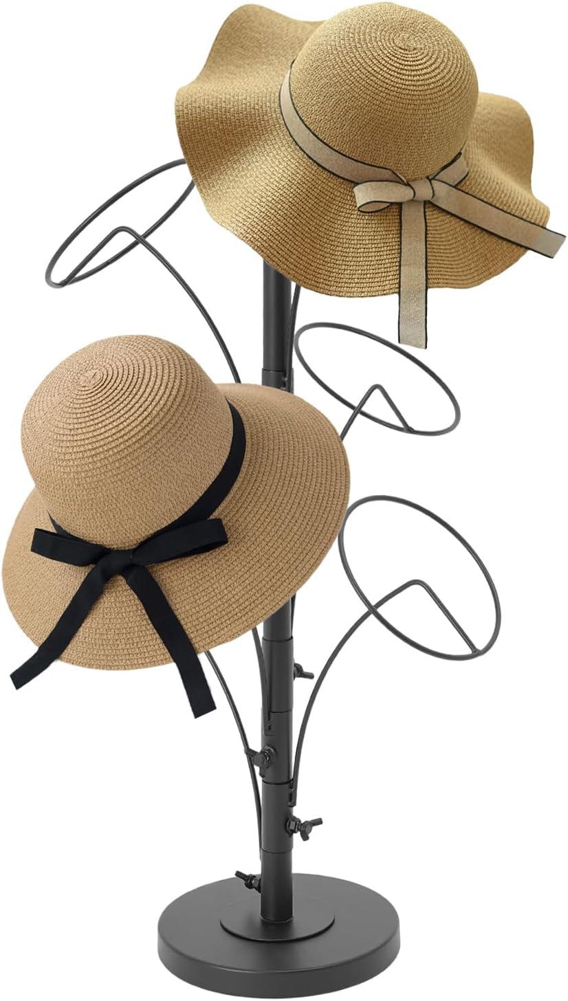 Modern Art Desktop Standing Hat Stand, 6 Hooks Short Hat Rack Stand for Retail, Cowboy Baseball Cap Metal Multiple Holder Hat Storage Rack, 21.6in Height