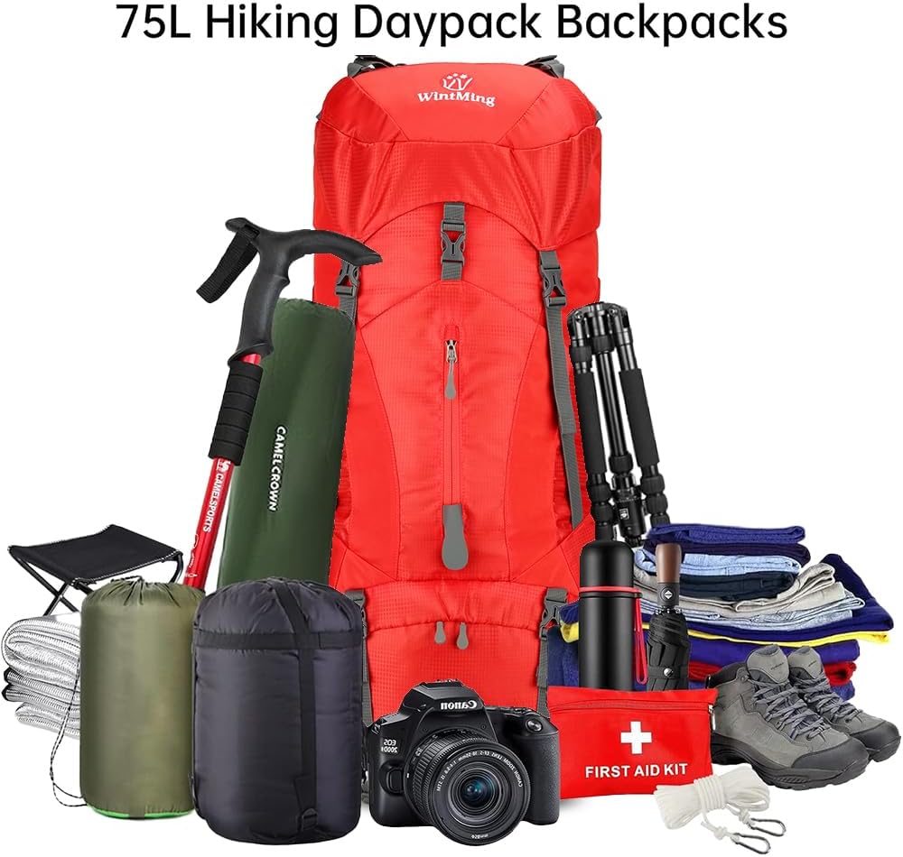 Hiking Backpack for Men and Women 70L+5L Waterproof Lightweight Camping Daypack with Rain Cover for Outdoor Travel Mountaineering - Frameless (Red)