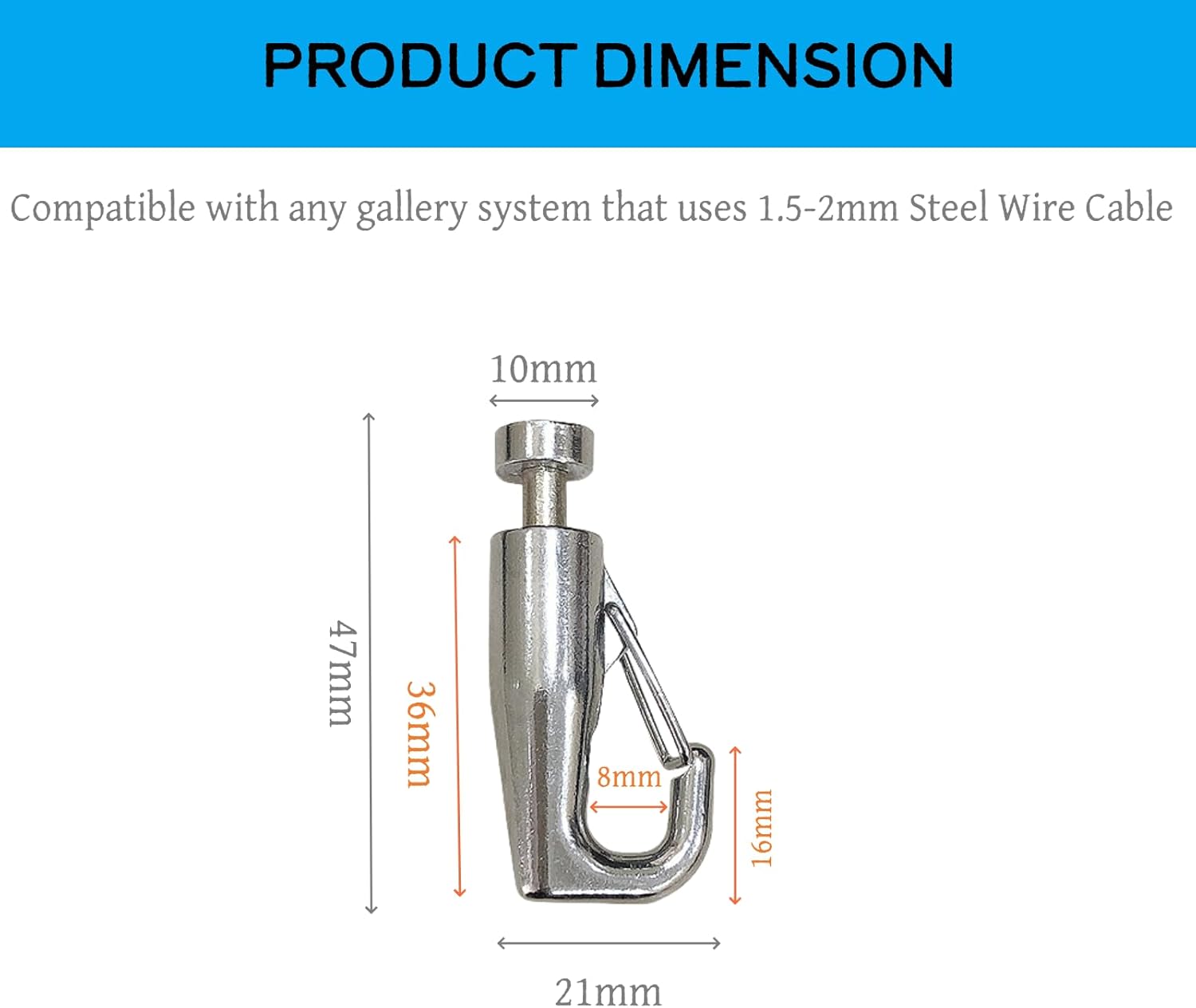 HAN SHENG Adjustable Gallery Hangers 8-Pack - Heavy Duty Steel Wire Hooks for 1.5-2mm Thin Cable for Art Hanging System for Canvas, Framed Art & Display Boards