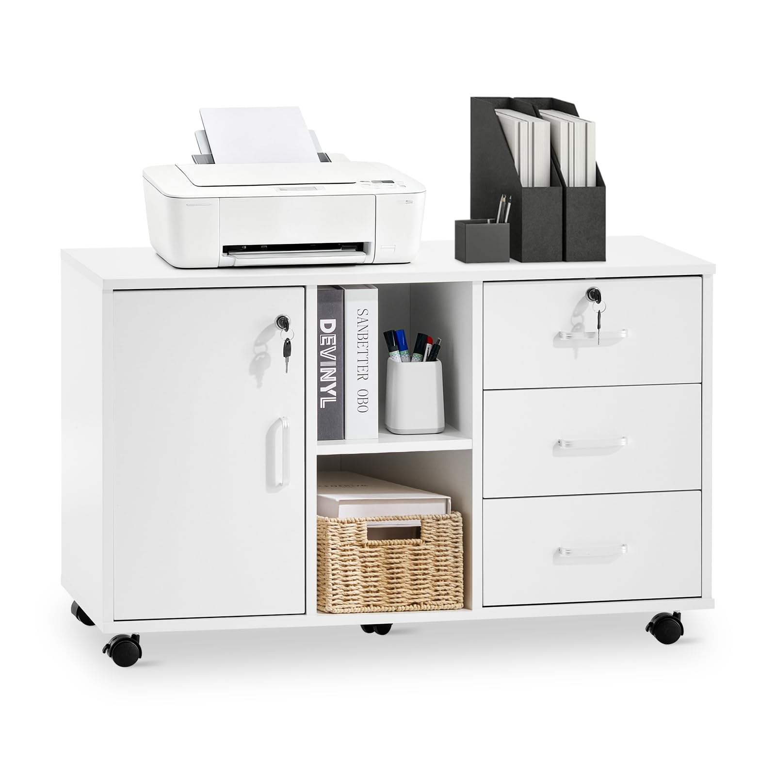 TUKAILAi Caisson de Bureau Rangement à 3 Tiroirs Verrouillables, Caisson Imprimante Mobile avec Roulettes, Armoires de Rangement avec Étagères Ouvertes pour Format A4 (Blanc)