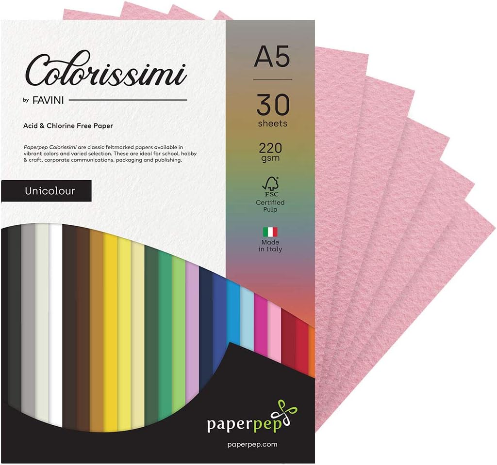 Paper Pep Colorissimi Card Stock 220GSM A5 Rosa (Baby Pink) Unicolor Pack of 60 Sheets