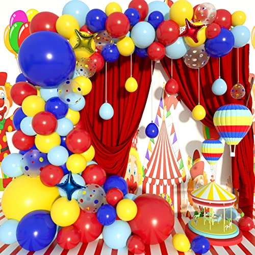 Momohoo Carnival Circus Party Decorations - 123Pcs 18/12/10/5" Circus Carnival Balloon Garland Arch Kit With Star Foil Balloons, Primary Color Red Blue Yellow Latex Balloons With Confetti Balloons #TOP8