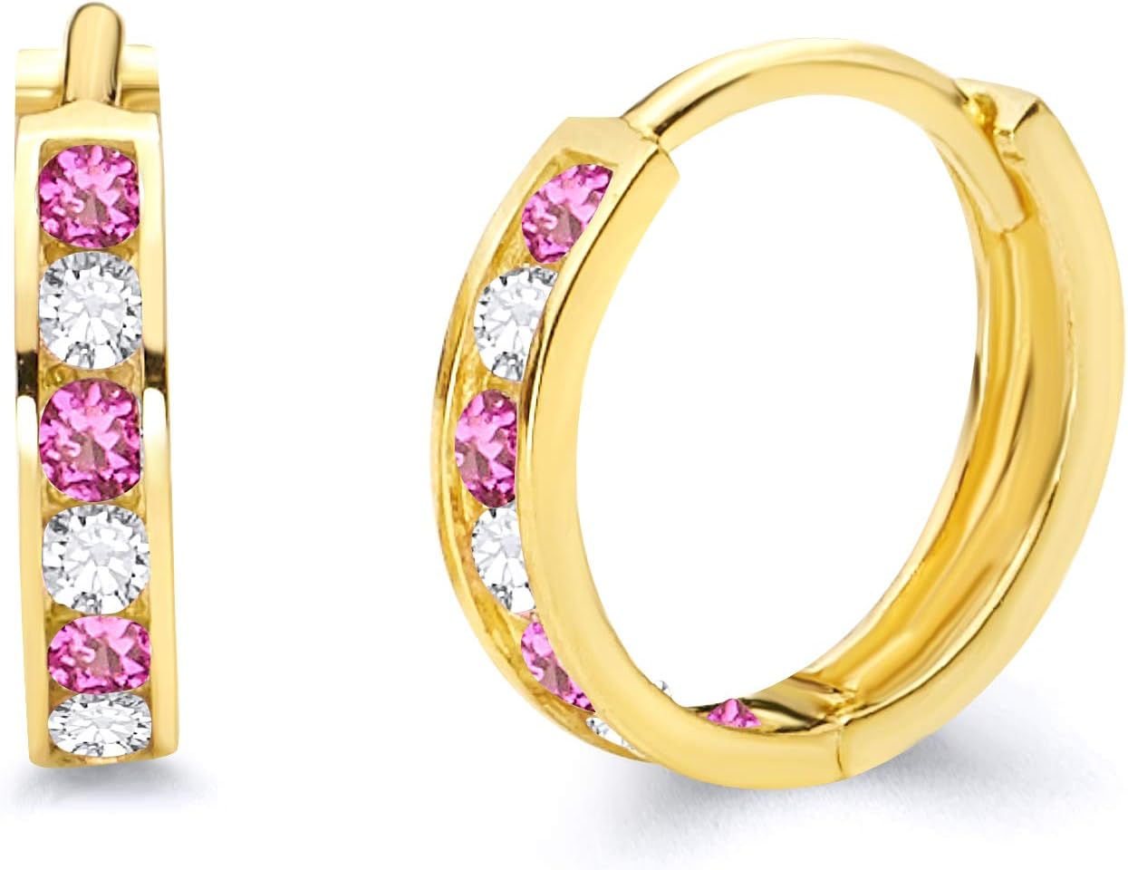 14k Yellow Gold 2mm Thickness CZ Channel Set Hoop Huggie Earrings (12 x 12 mm) - 3 Different Color Available