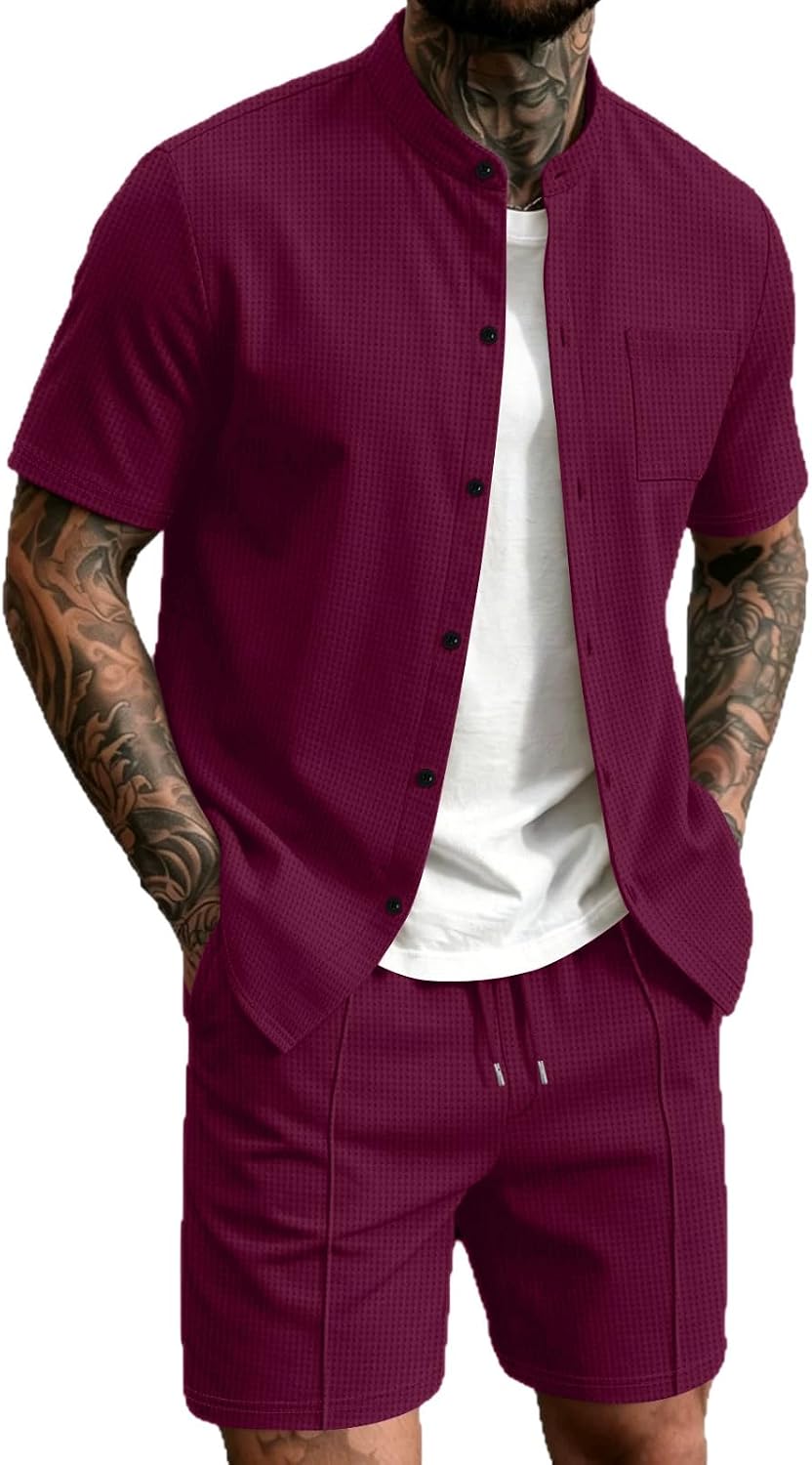 Cambkatl Men's Waffle Matching Sets, Short Sleeve Button Down Shirt with Straight Pants Summer Business Casual Outfits