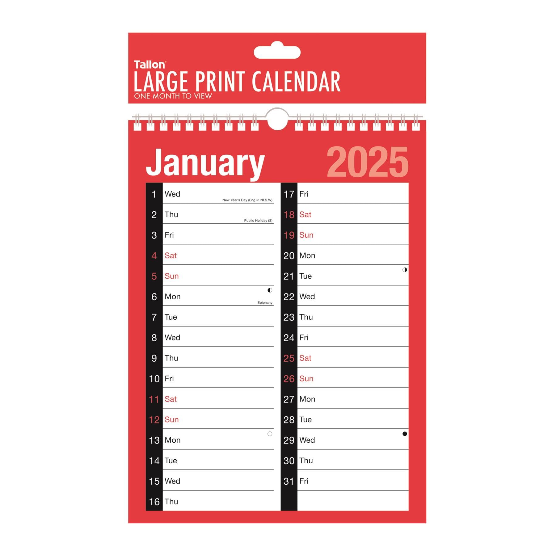 2025 Wall Calendar Large Print Planner A4 Month To View Hanging Spiral Bound Red