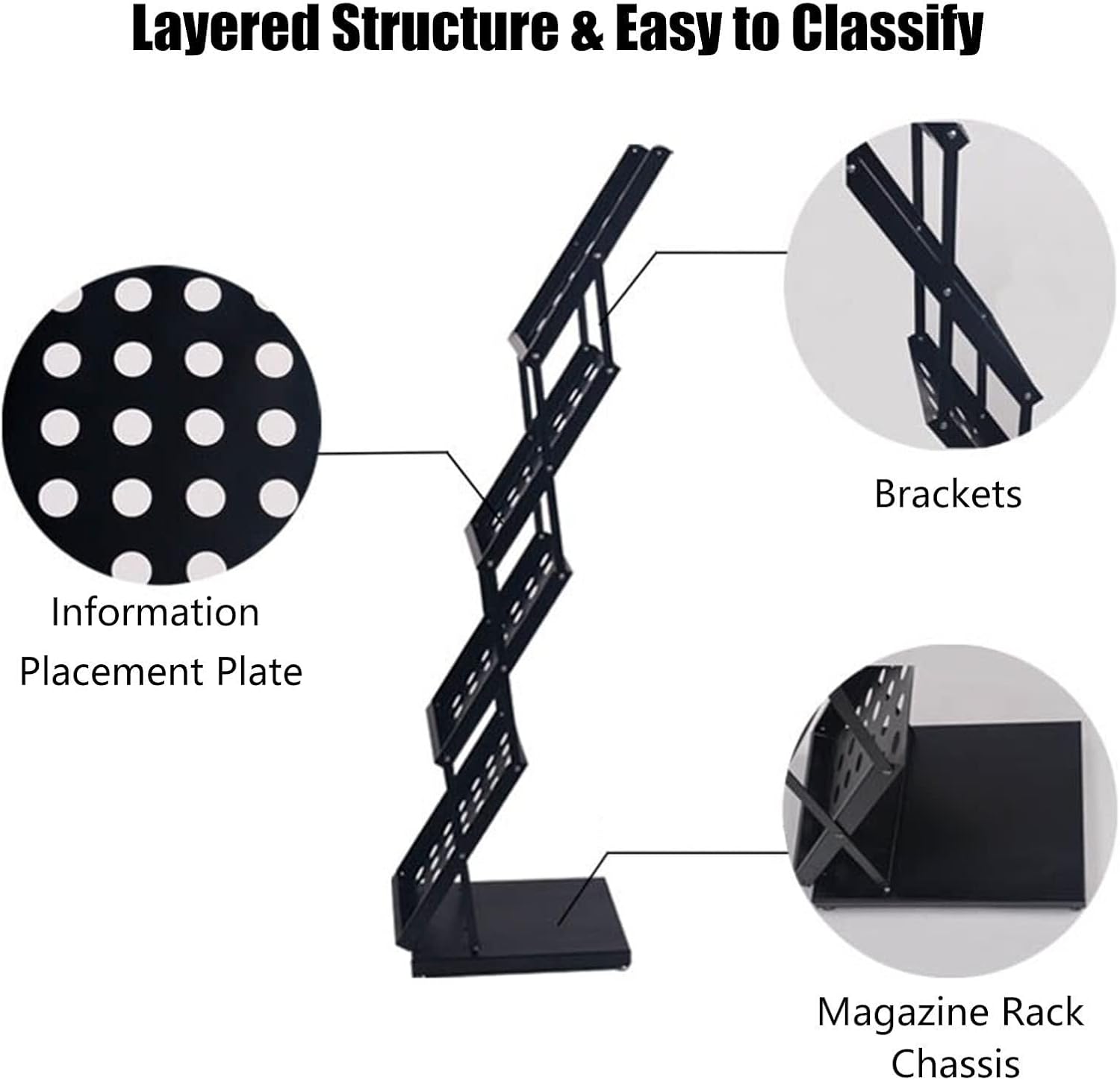 Portable 4-Pocket Literature Stand, Mesh Floor Standing Magazine Rack, Tiered Brochure Display Holder, Foldable and Easy to Carry, White 36x27x130 cm(White) (Black LxWxH 36x27x130 cm)