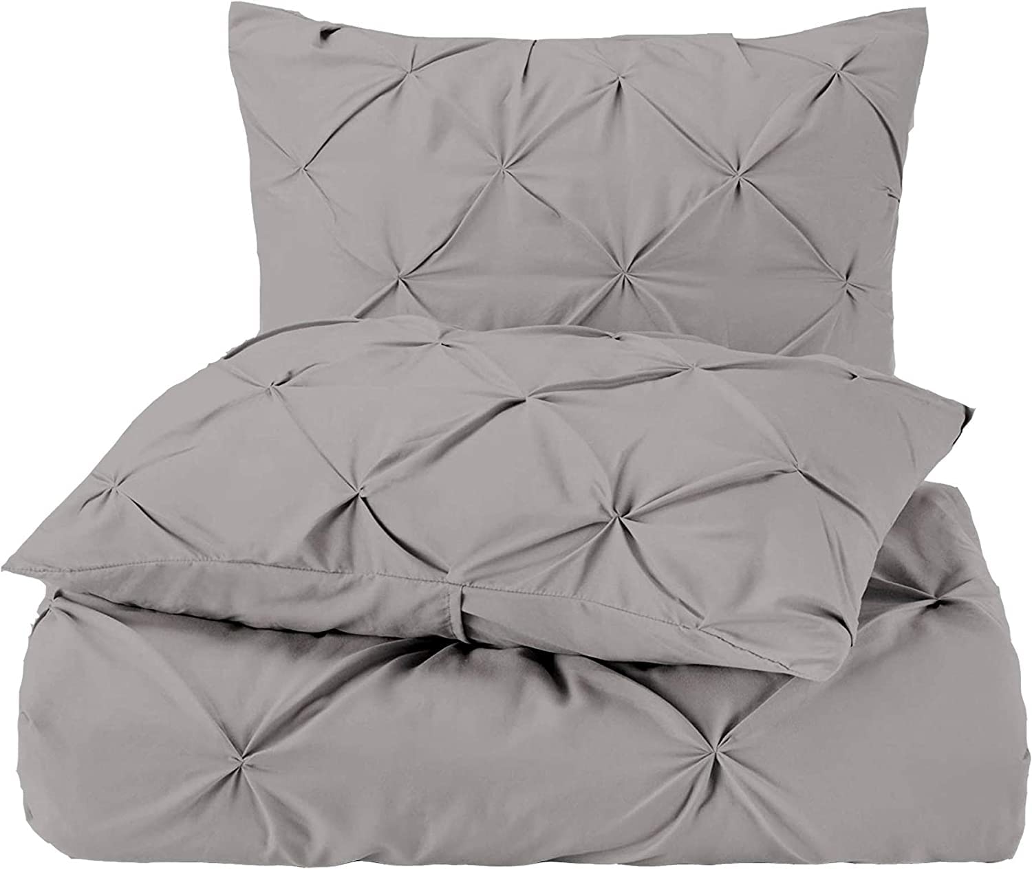 Pinch Pleat PinTuck 5 Piece Duvet Cover Set - 100% Egyptian Cotton Quilt Covers Bedding, 300 Thread Count Diamond Bedding Set with Zipper Closure Hotel Quality - Light Grey Solid, Superking Size.