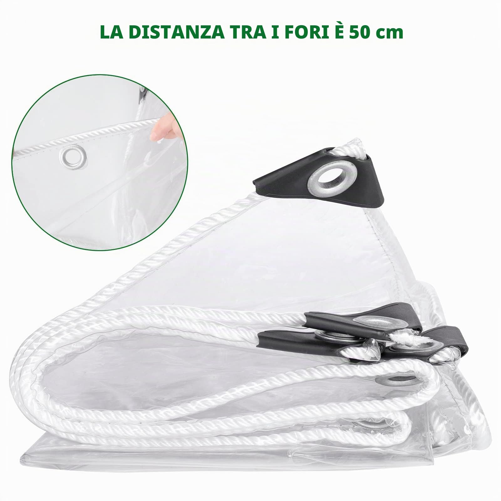 Telo Trasparente con Occhielli Telo per Esterni, OKYUK 420 g/m² PVC Trasparente, con 20 Fascette, 12 Elastici con Sfere, 10 m di Cavo di Fissaggio Adatto per Gazebi, Terrazze (2Mx3M)