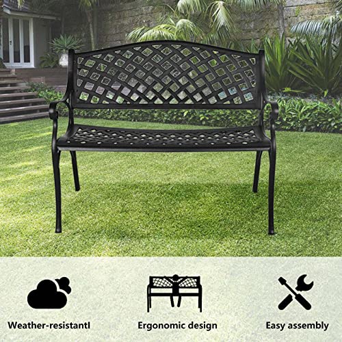 Giodir Outdoor Patio Garden Bench All-Weather Cast Aluminum Loveseats Park Yard Furniture Porch Chair Work Entryway Decor W/Checkered Design (Black) #TOP1