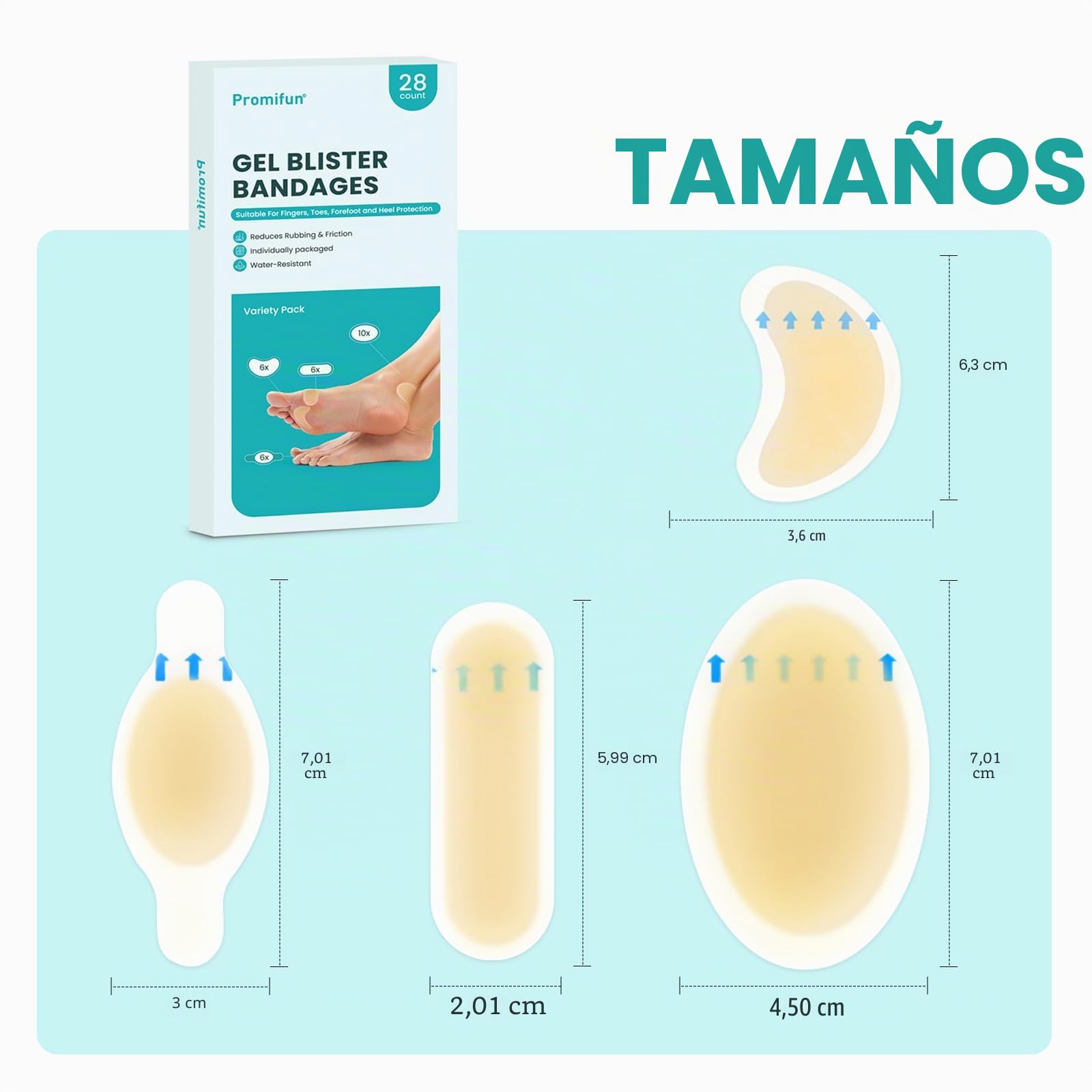 Promifun Almohadillas para ampollas, 28 unidades, resistentes al agua, vendas hidrocoloides para pies, dedos y talones, almohadillas de gel para prevención y recuperación, paquete variado