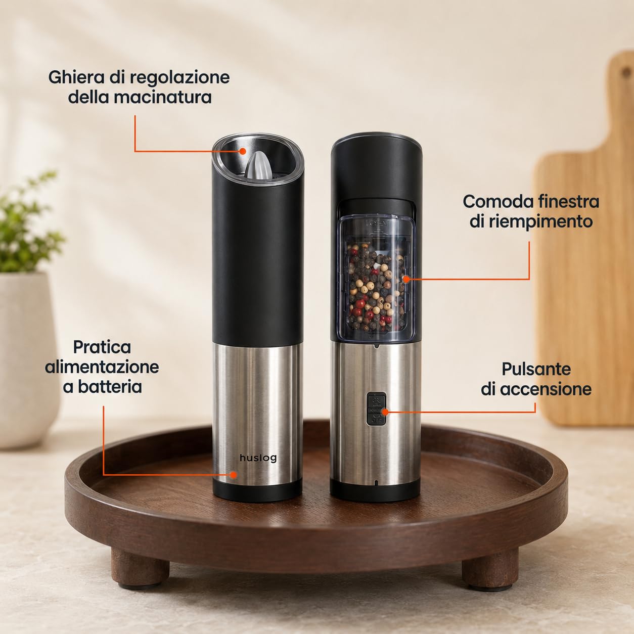 Set Macina Sale e Pepe Elettrico Gravity, Macinatura Automatica, Grossolanità Regolabile, Contenitore Spezie 85 ml, a Batteria, Uso con una Mano, Risparmio Energetico, Acciaio Inox, Argento