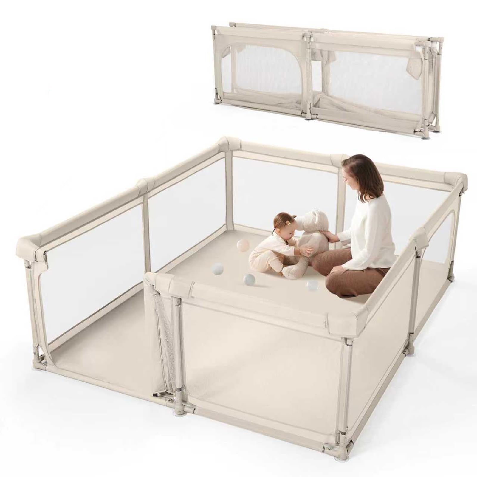Large Baby Playpen 150x150cm with Door, Foldable Baby Play Yard, Easy to Assemble Baby Safety Fence with Oxford Cloth, Mesh Panels and Steel Tubes, Khaki