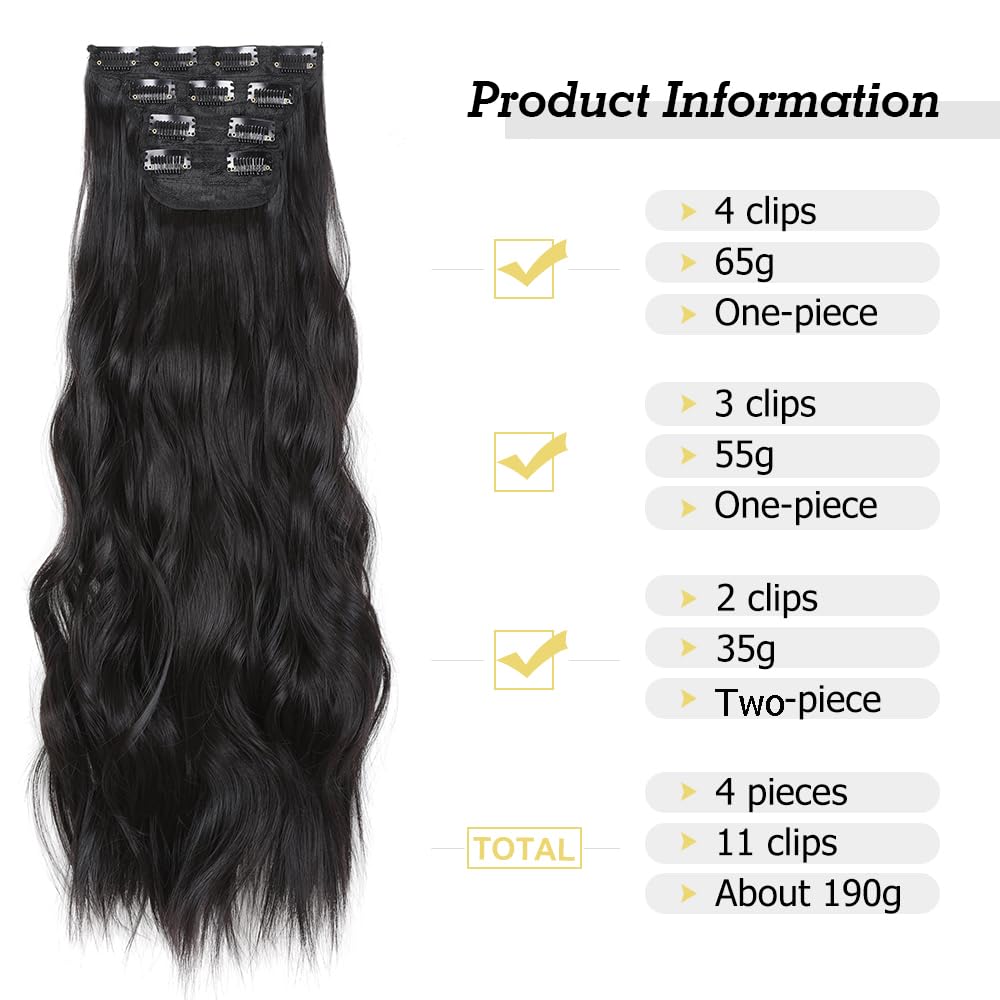 Clip in Hair Extensions Juego de 24 Pulgadas 4 Piezas Rizado Clip de Extensión de Cabello, Piezas de Cabello Para Mujeres YDDM Fibras de Cabello Sintéticas A(1B#)