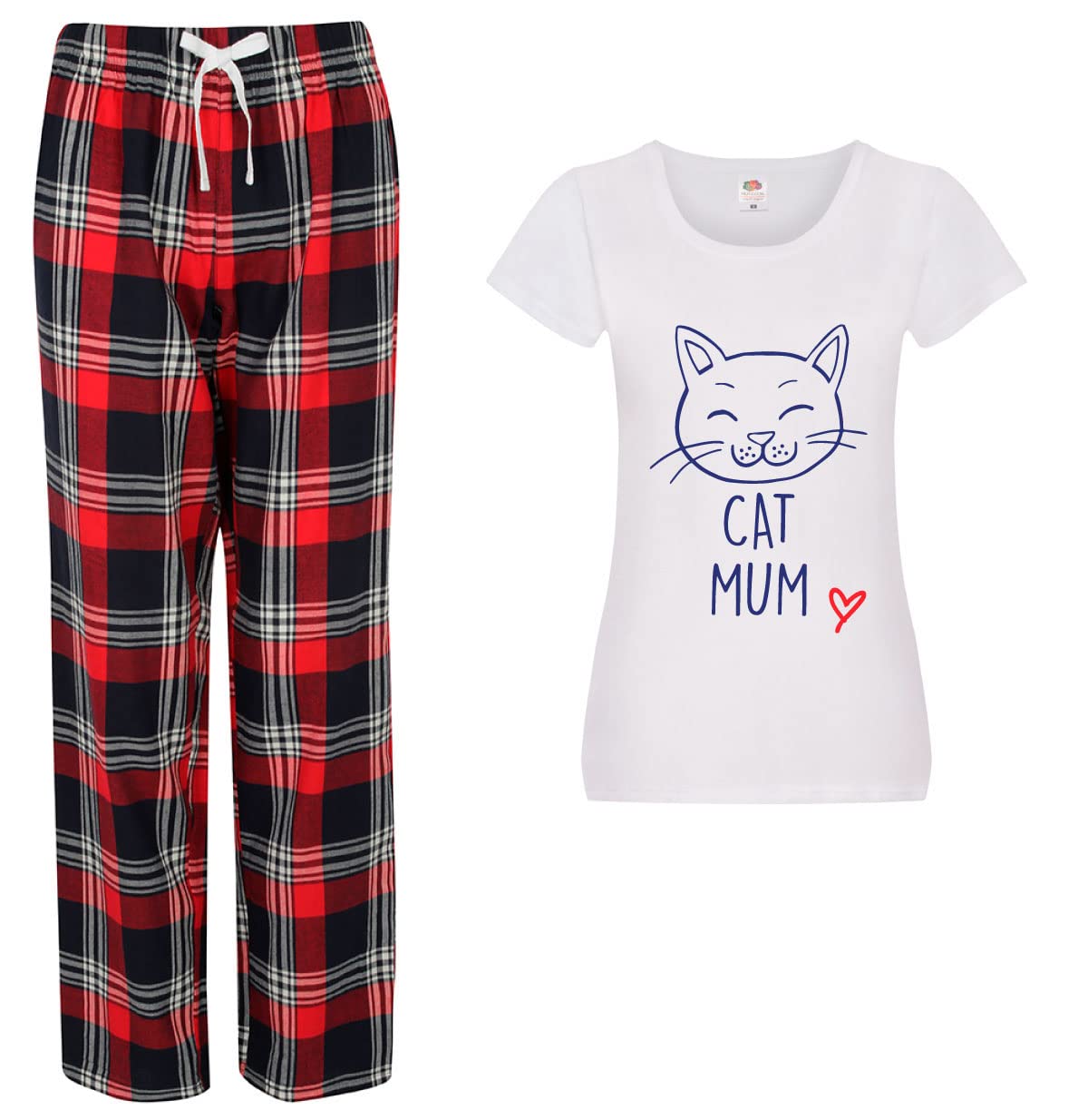 Ladies Tartan Pyjama Bottoms - Cat Mum Design - Red - Size XL