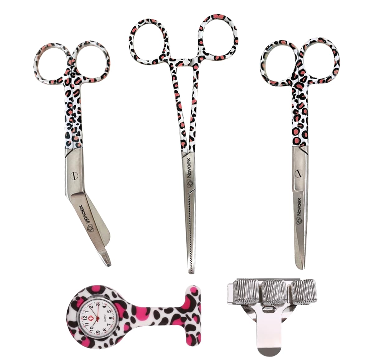 Kit de démarrage d'infirmière « Panthère rose » - 5 pièces - Ciseaux à pansements - Ensemble de ciseaux d'infirmière - Ciseaux de premiers soins - Ciseaux médicaux - Kocher - Cadeau d'infirmière