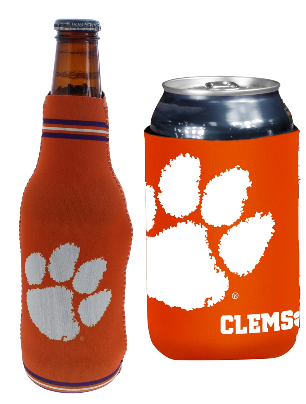 College Team Color Logo Can & Bottle Holder Insulator Beverage Cooler Set (Clemson Orange Vp Bottle/Logo (Tigers))