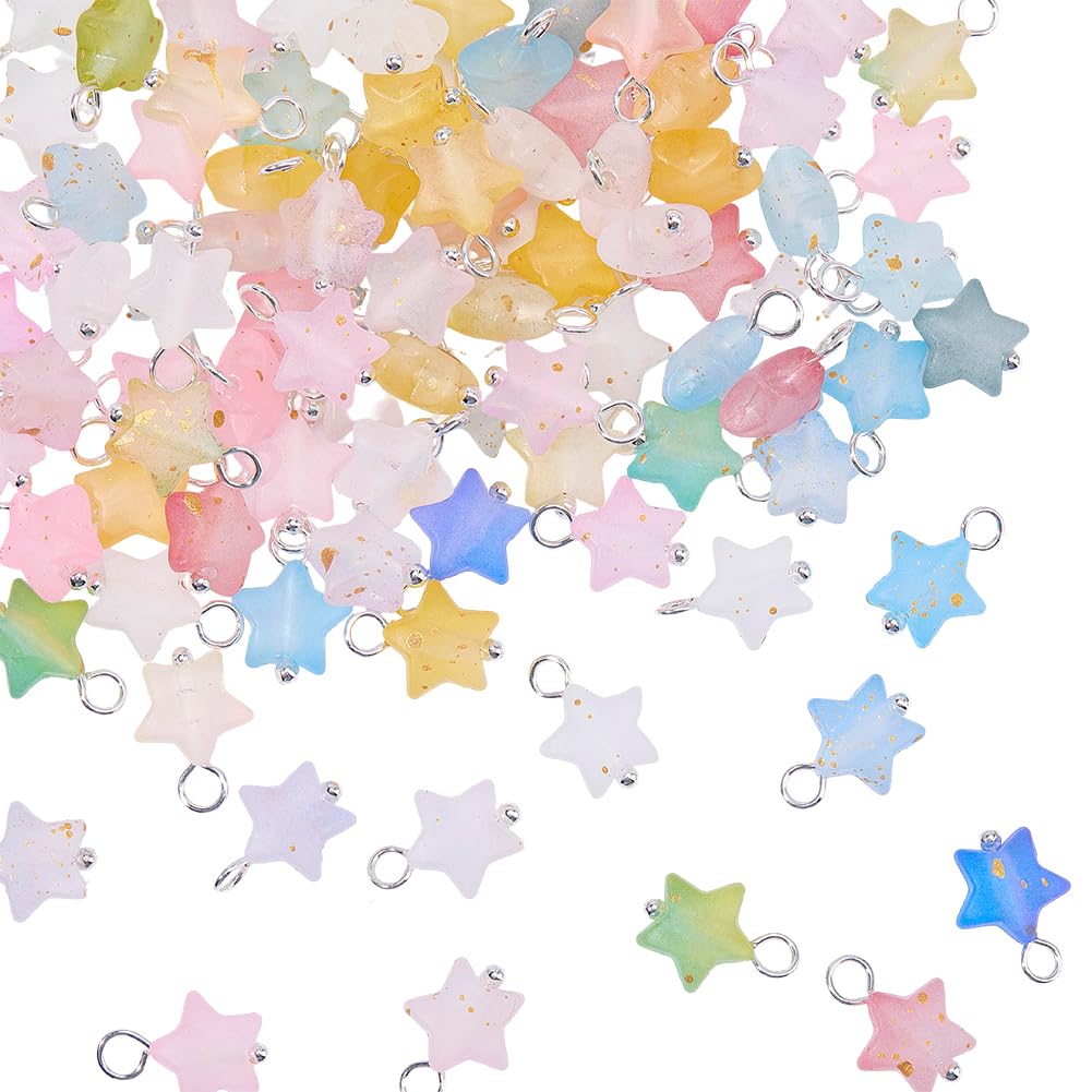 BEAMARKER 100Pcs Acrylic Star Charms Frosted Charms Small Colorful Assorted Little Sparkling Pentagram Aesthetic Gold Foil Celestial Pendants for Jewelry Making Bracelets Necklaces Earrings DIY Crafts