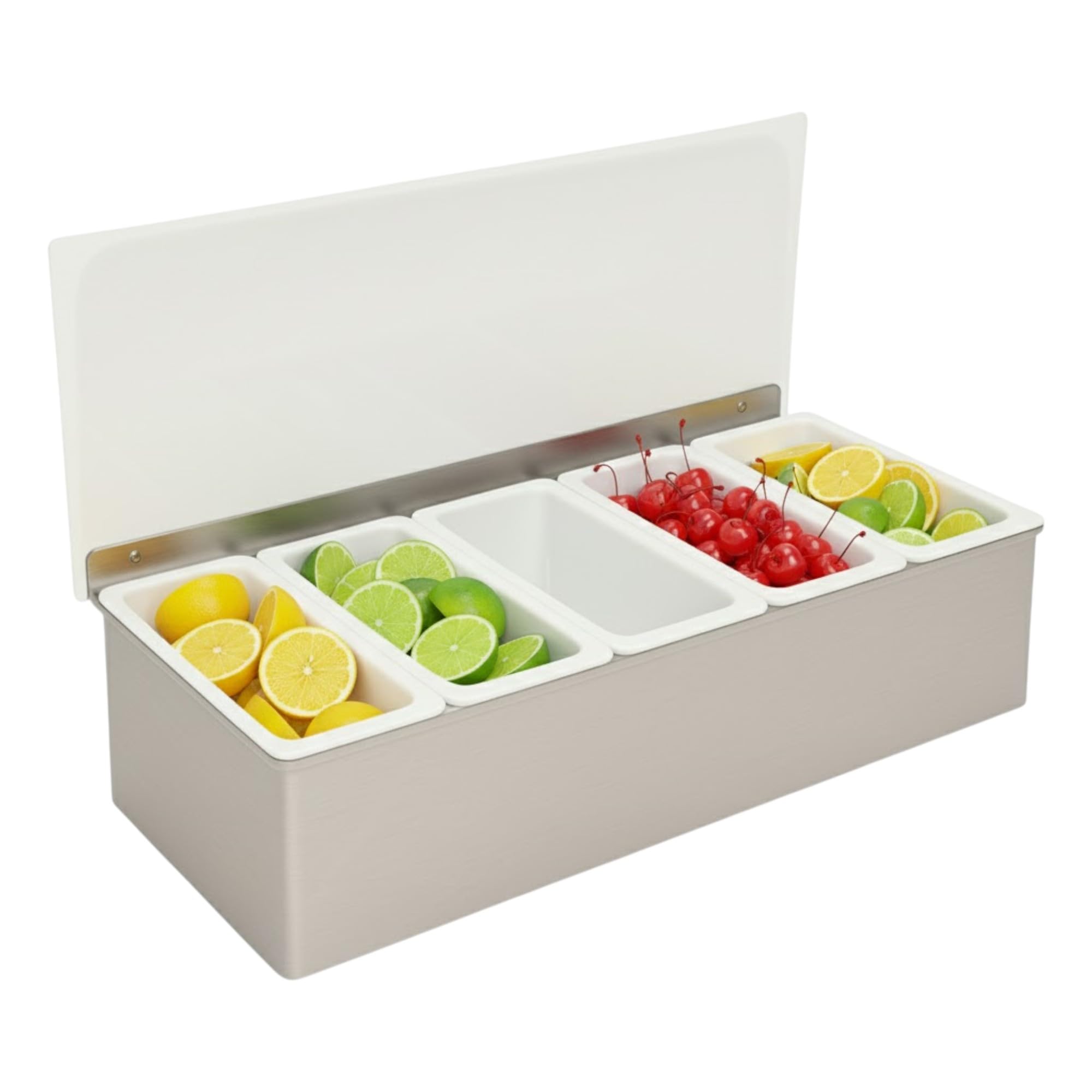 Chabrias Ltd Stainless Steel Professional Stainless-Steel Condiment Dispenser - Food-Safe Compartment Back Bar Garnish Station | Removable Inserts With Flip Lid | Ideal For Bars, Pubs (, 5 Compartment)