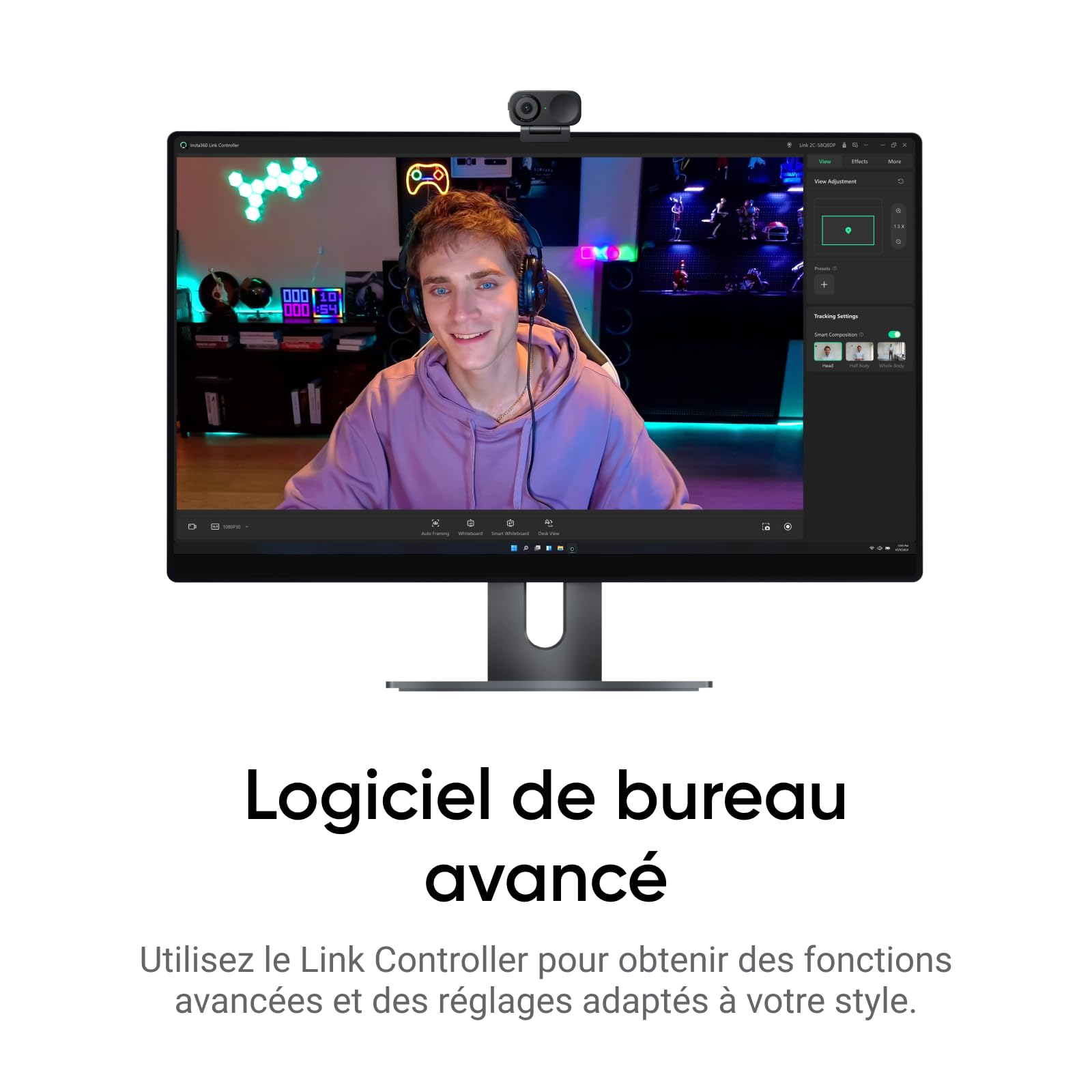 Insta360 Link 2C Noir - Webcam 4K, caméra PC Mac, Cadrage Automatique, HDR, Micro à réduction de Bruit, contrôle gestuel, pour Streaming, réunions, télétravail, Zoom, Teams, Twitch