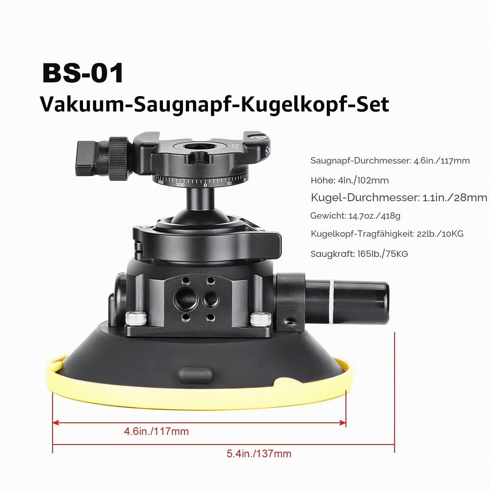 SUNWAYFOTO BS-01 Saugnapfhalterung Kugelkopf für DSLR-Kamera, Handyhalterung, GoPro für Auto, Traglast 10 kg