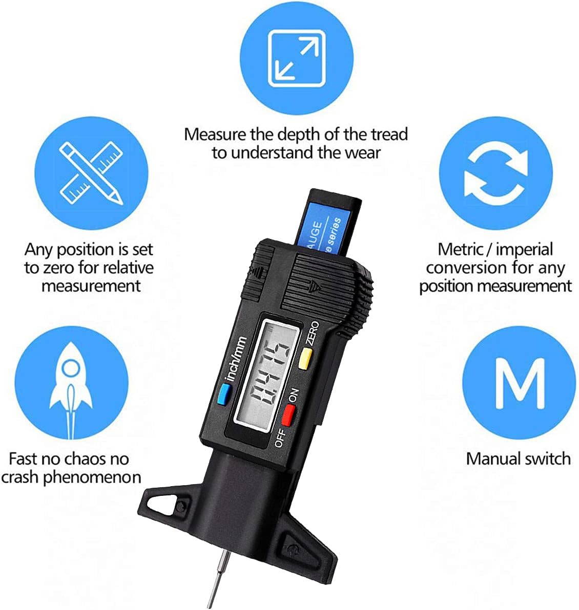 Digital Tire Tread Depth Gauge with LCD Screen, 0-1" Tread Checker, Black